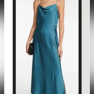 Vince new 00 silk blue slit dress with cowl neck slip dress spaghetti strap